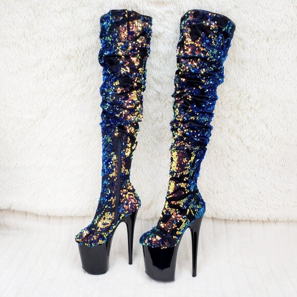 Sequin Platform 8" Heels Thigh High Slouch Boots Flamingo 3004 - Picture 13 of 16